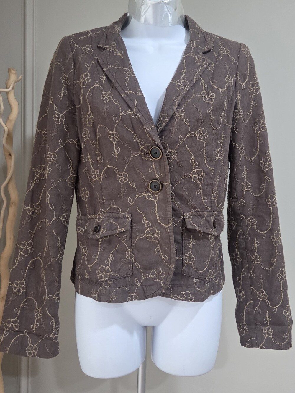 Burning Torch Taupe Floral-Embroidered Blazer Jacket Sz.S